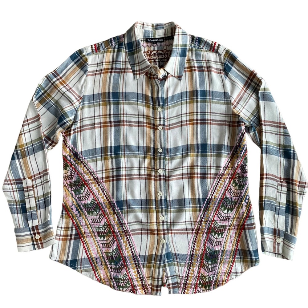 Tolani Collection Embroidered Plaid Shirt M Long Sleeve Boho Cottagecore Western